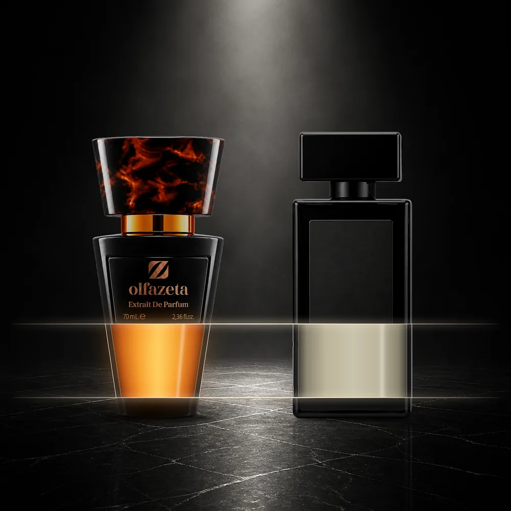 Olfazeta bottle with dense amber essence next to an unbranded bottle with pale liquid